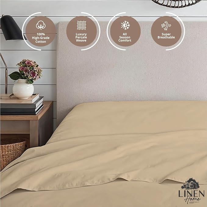 Linen Home 100% Cotton Percale Weave Fitted Sheet, King Size, Light Taupe - Image 3