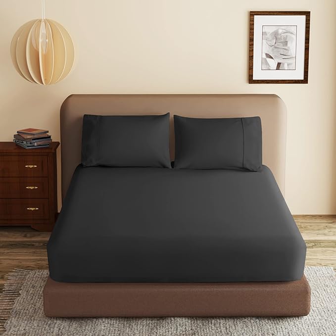 100% Egyptian Cotton Fitted Sheet Twin XL/Split King Size Black, 600 Thread by ZaizaiHome