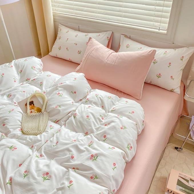 Nayoroom Pink Floral Duvet Cover Queen Size Coquette Tulip Printed on White - Image 3