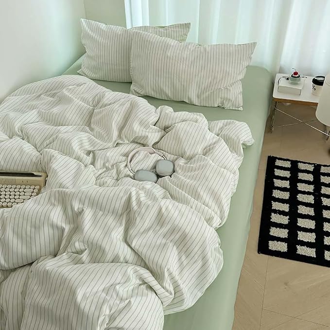 Nayoroom Green Striped Duvet Cover Queen Size 100% Washed Cotton Duvet Cover - Image 6