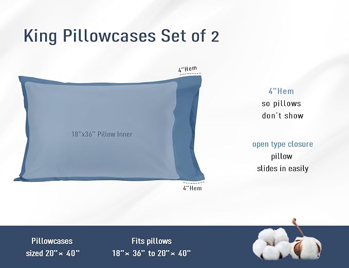 Pillow Cases, King Size Cotton Percale Weave Pillowcases, Pre-Shrunk Breathable - Image 3