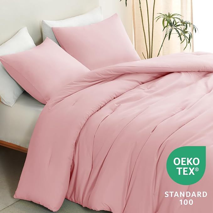 CozyLux Full Size Comforter Set Pink, 3 Pieces Solid Breathable Quilted Bedding - Image 4