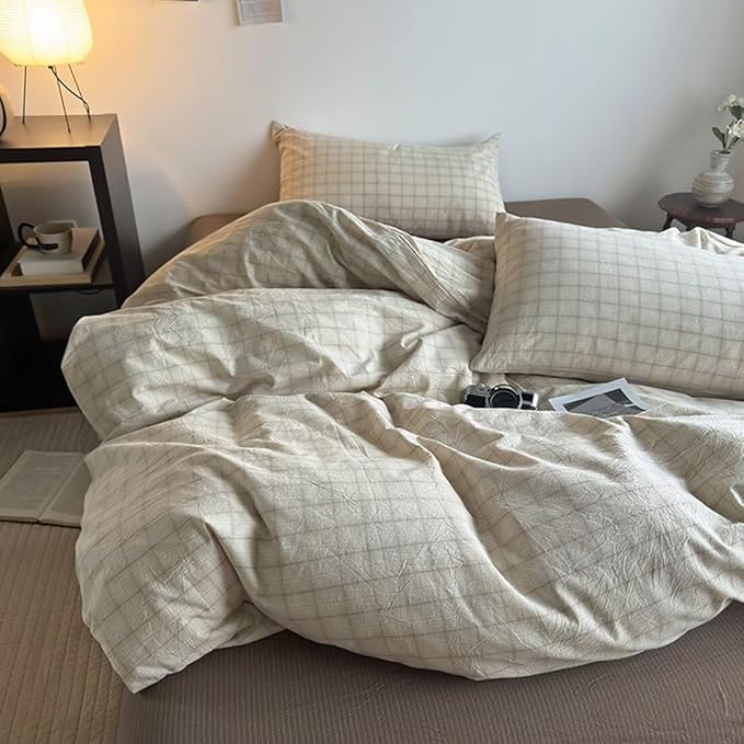 PinkMemory Beige Gingham Duvet Cover Bedding King 100% Washed Cotton Vintage by PinkMemory