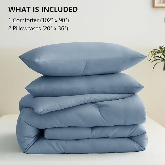 CozyLux Grayish Blue King Size Comforter Set, 3 Pieces Dusty Blue Solid - Image 7