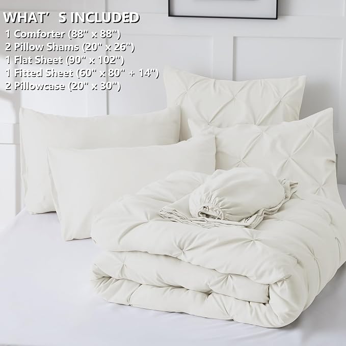 HIMEET Pintuck Bed in a Bag, 7 Pieces Queen Size Comforter Set Ivory, Luxury - Image 6