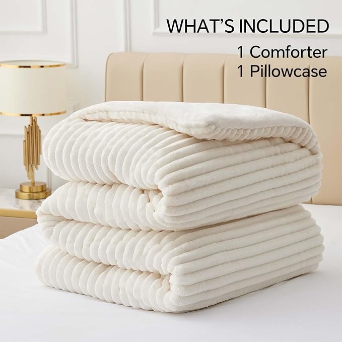BEDELITE Fleece Twin Comforter Set -Super Soft & Warm Fluffy Cream White Bedding - Image 6
