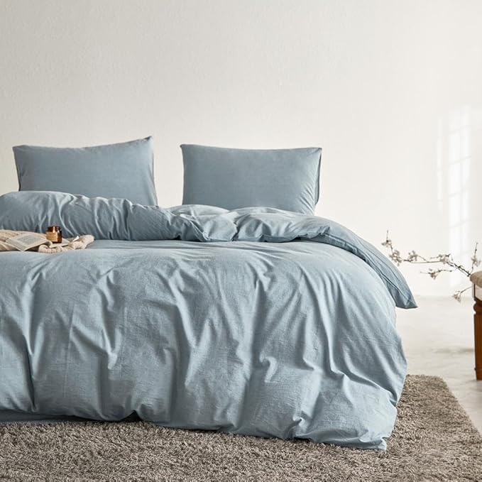 Wake In Cloud - Cotton Duvet Cover Set, Queen Size, Light Denim Blue, 100% - Image 3