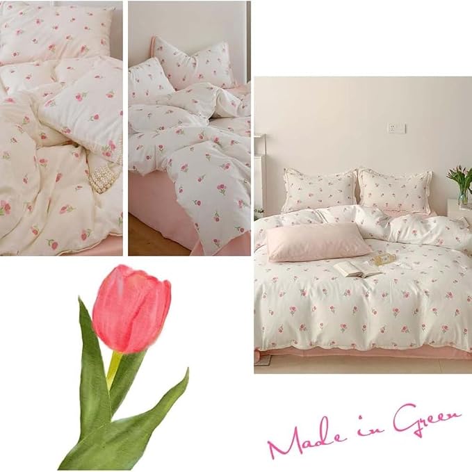 Nayoroom Pink Floral Duvet Cover Full Size Cute Tulip Printed on White - Image 4