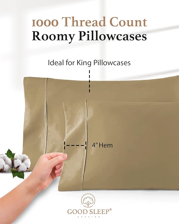 1000 TC Taupe King Pillowcases Set of 4 100% Egyptian Cotton Pillow Cases - Image 3