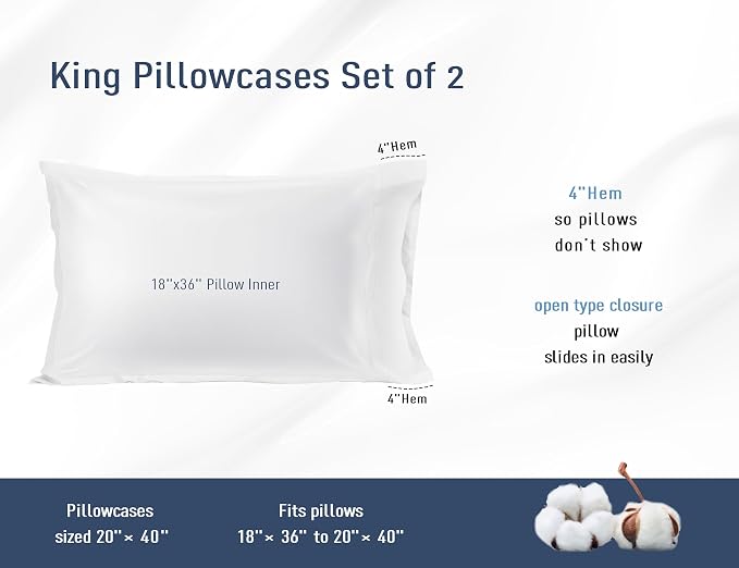 Pillow Cases, King Size Cotton Percale Weave Pillowcases, Pre-Shrunk Breathable - Image 3