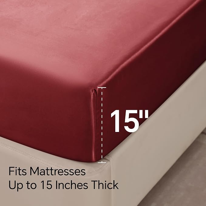 BEDELITE Satin Sheets Twin XL Size Bed Set, Luxury Soft Burgundy Silky Sheets - Image 6