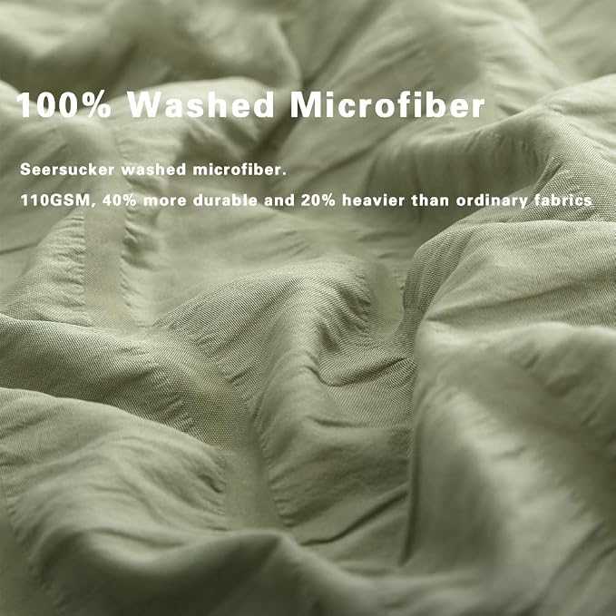 AveLom Green Duvet Cover King, 3 Pieces, Seersucker Tripe Soft Washed - Image 3