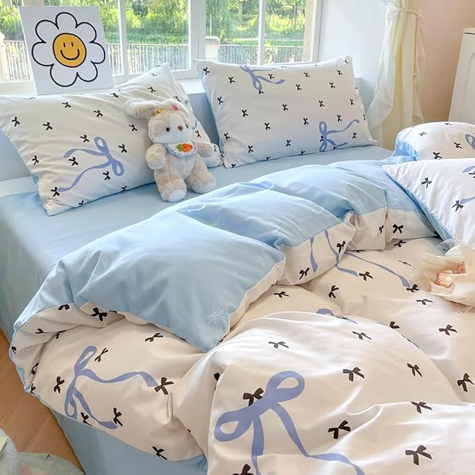 Nayoroom Blue Bow Duvet Cover Queen Size Reversible Blue Duvet Cover 3 Pieces - Image 3