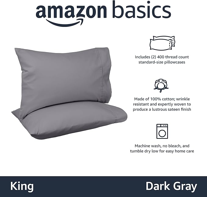 Amazon Basics 400 Thread Count 100% Cotton Pillow Cases, Sateen Weave, Dark Gray - Image 2