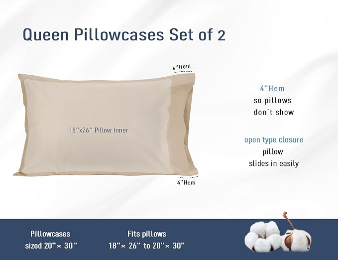Pillow Cases, Standard Queen Size Cotton Percale Weave Pillowcases, Pre-Shrunk - Image 3