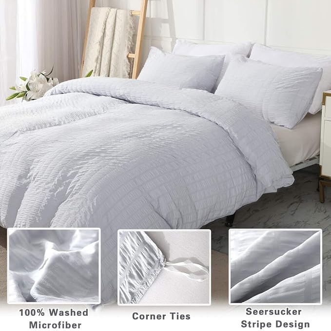 AveLom Seersucker Duvet Cover Set Queen Size, 3 Pieces, Light Gray Ultra Soft - Image 2