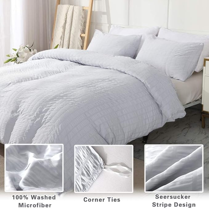 AveLom Light Gray Duvet Cover King, 3 Pieces, Seersucker Striped Soft Washed - Image 2