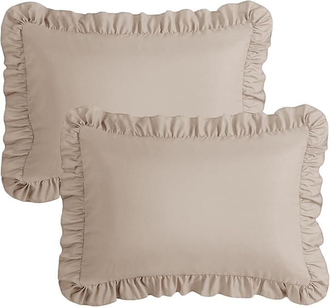KKJIAF Ruffle Pillow Cases Queen Size Set of 2, Khaki Ruffled Pillow Covers - Image 7