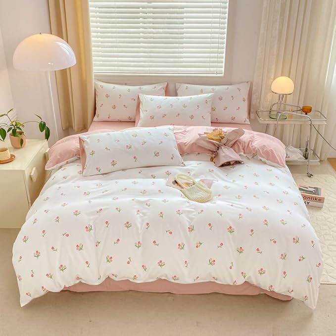 Nayoroom Pink Floral Duvet Cover Full Size Coquette Tulip Printed on White - Image 5