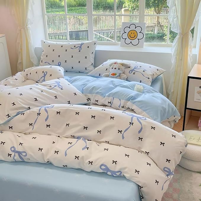 Nayoroom Blue Bow Duvet Cover Queen Size Reversible Blue Duvet Cover 3 Pieces - Image 4