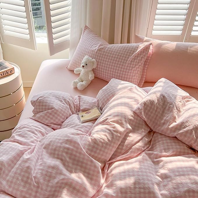 Nayoroom Gingham Duvet Cover Queen Size Pink White Plaid Checkered Comforter - Image 3