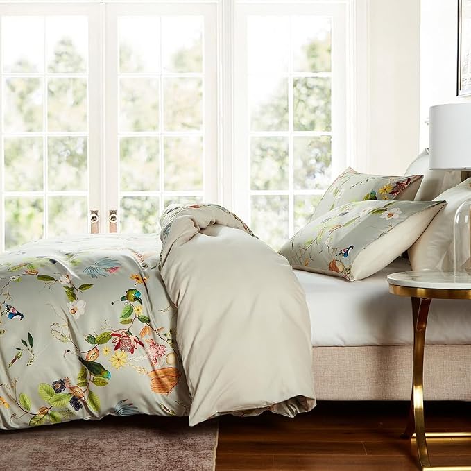 mixinni Garden Style Floral Birds 3 Pieces Duvet Cover King Size Green Leaves - Image 4