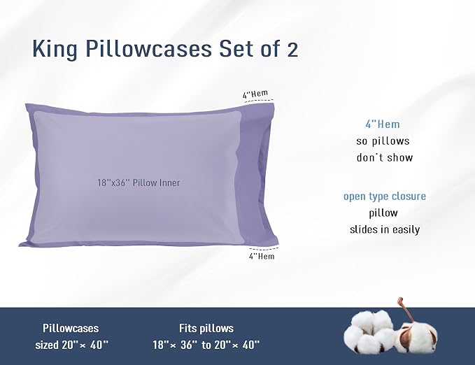 Pillow Cases, King Size Cotton Percale Weave Pillowcases, Pre-Shrunk Breathable - Image 3