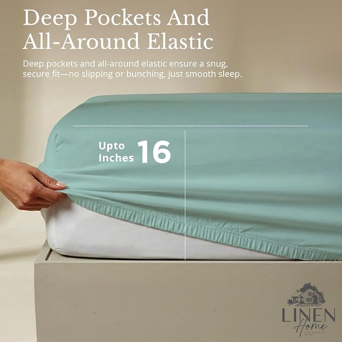 Linen Home 100% Cotton Percale Sheets Full Size, Aqua Blue, Deep Pocket - Image 4