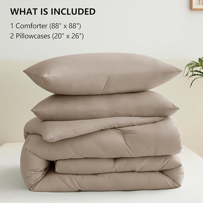 CozyLux Queen Comforter Set Khaki, 3 Pieces Solid Comforters Queen Size - Image 6