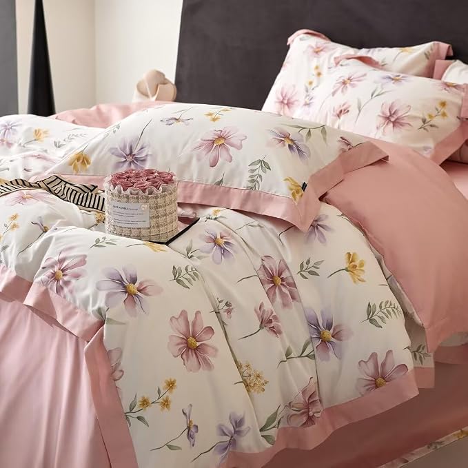 MKXI Garden Floral Duvet Cover Pink Princess Bedding White Aesthetic Duvet - Image 6