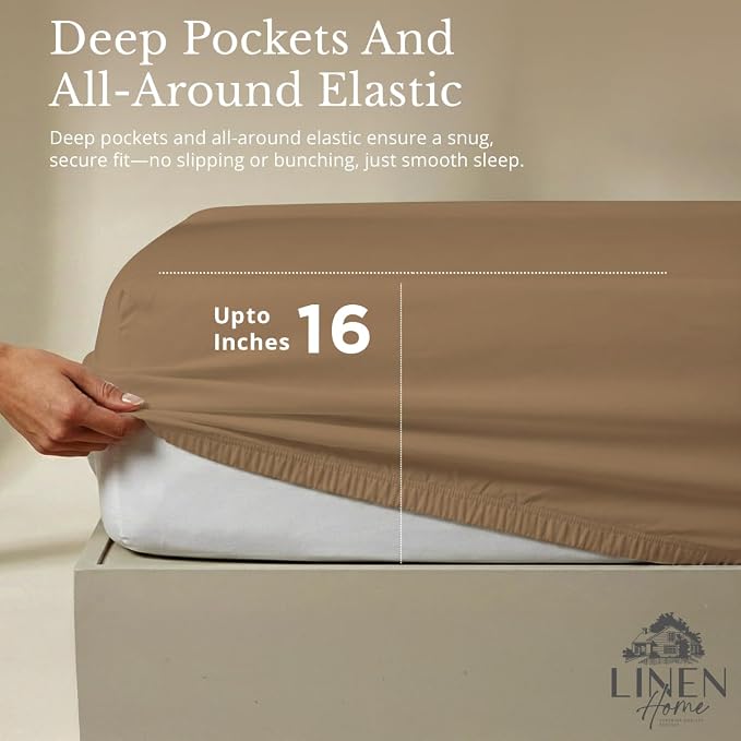 Linen Home 100% Cotton Percale Sheets Queen Size, Earthy Brown, Deep Pocket - Image 4