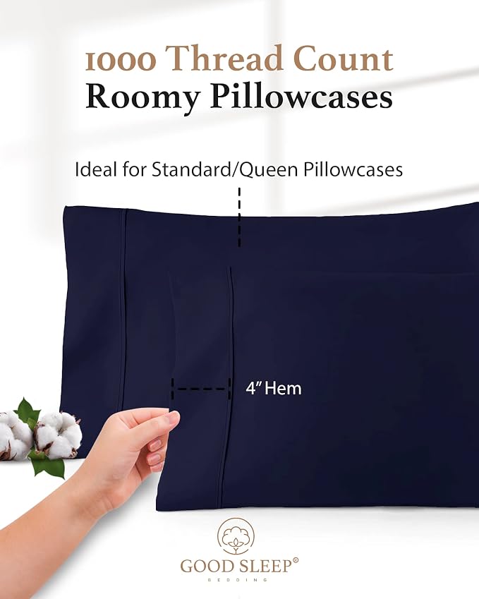 1000 TC Navy Blue Standard Pillowcases Set of 2 100% Egyptian Cotton Pillow - Image 3