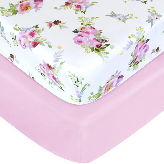 Crib Sheets Girls 2 Pack Floral, Fitted Crib Sheet by Moonsea