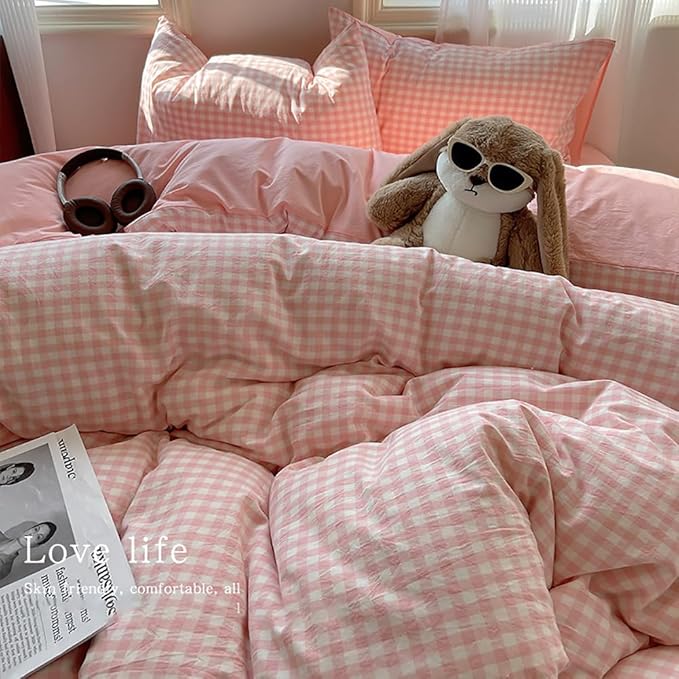 Nayoroom Gingham Duvet Cover Queen Size Reversible Pink Plaid Checkered Duvet - Image 3