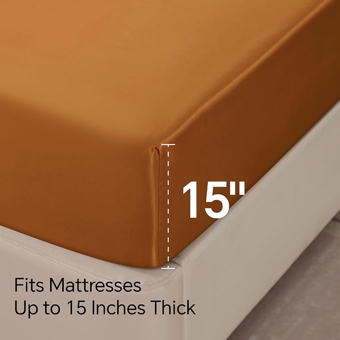 BEDELITE Satin Sheets Queen Size Bed Set, Luxury Soft Burnt Orange Silky Sheets - Image 6