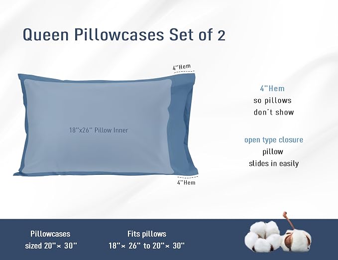 Pillow Cases, Standard Queen Size Cotton Percale Weave Pillowcases, Pre-Shrunk - Image 3