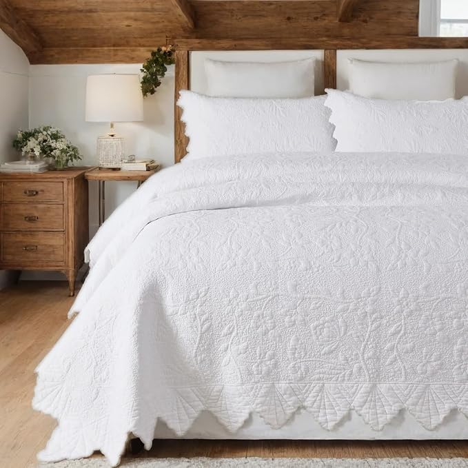 Brandream White Quilt Set King Size Quilt Bedding Set Cotton Luxury Matelasse by Brandream