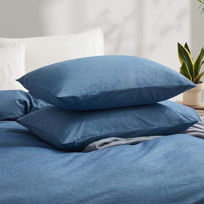 LOVQUE 100% Washed Cotton Duvet Cover Queen Size, Denim Blue Fade-Resistant - Image 3