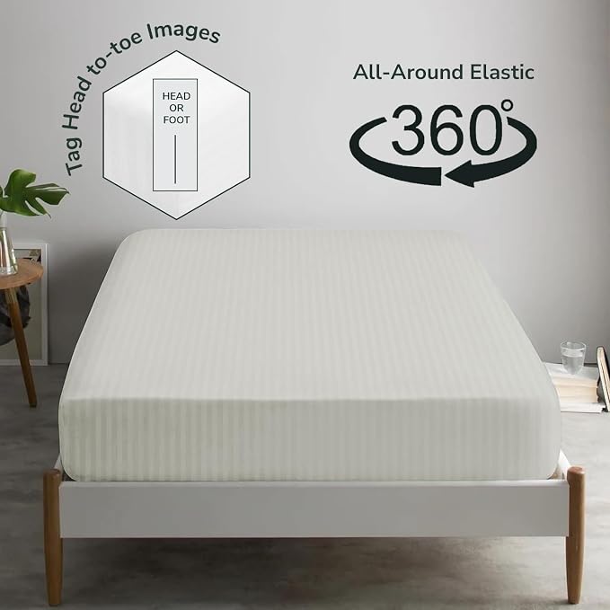Feather & Stitch 1 Piece Fitted Sheet Twin Size, 100% Cotton Damask Sateen Weave - Image 4