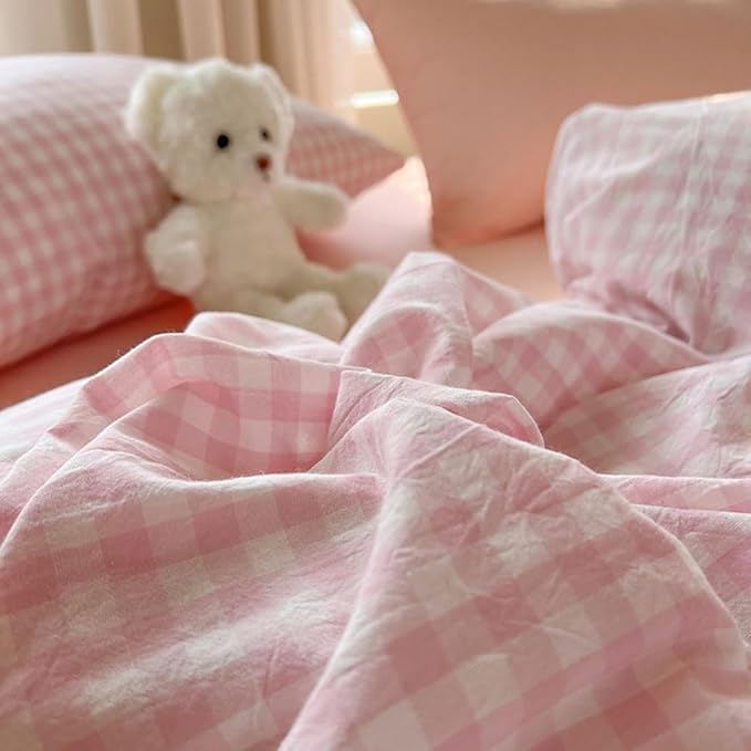 Nayoroom Gingham Duvet Cover Queen Size Pink White Plaid Checkered Comforter - Image 6