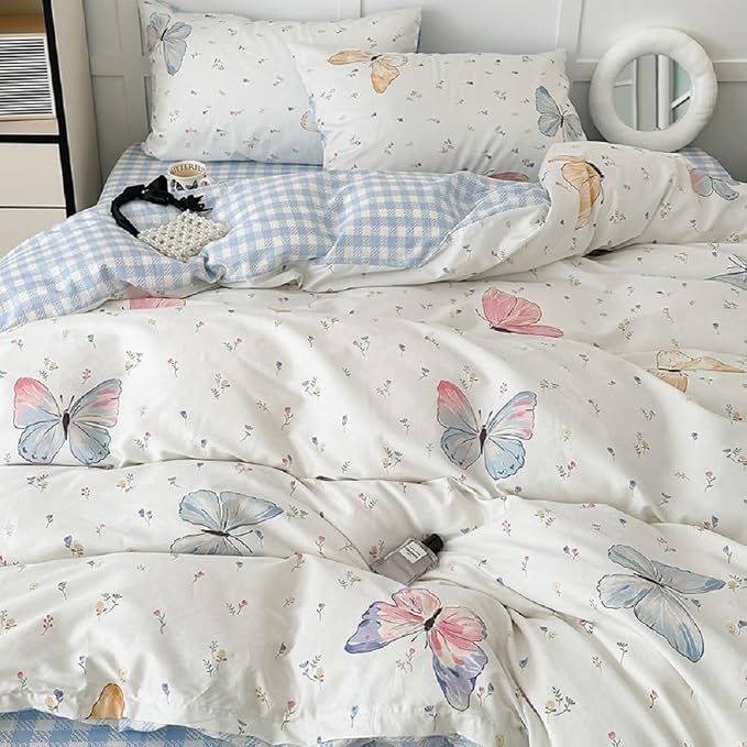 Nayoroom Butterfly Duvet Cover Queen Size Reversible Blue White Gingham Bedding - Image 5