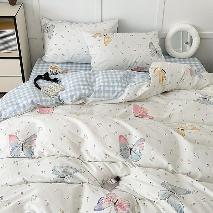 Nayoroom Butterfly Duvet Cover Queen Size Reversible Blue White Gingham Bedding - Image 4