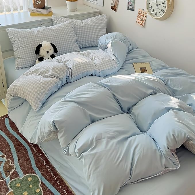 Nayoroom Gingham Duvet Cover Queen Size Reversible Blue Plaid Checkered Duvet - Image 5