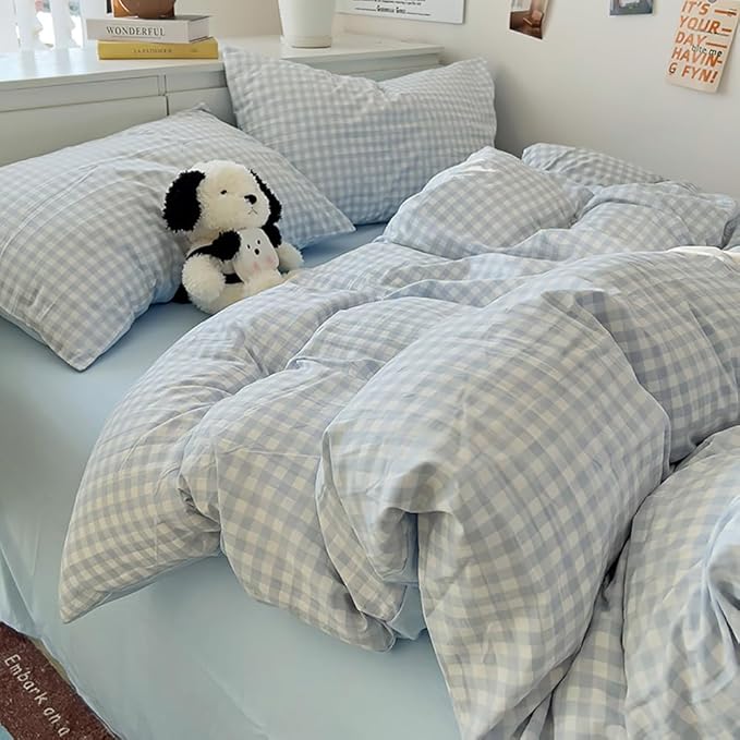 Nayoroom Gingham Duvet Cover Queen Size Reversible Blue Plaid Checkered Duvet by Nayoroom