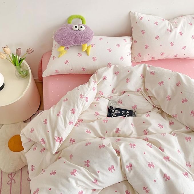 Nayoroom Pink Bow Duvet Cover Full Size Heart Bows Printed Coquette Bedding Set - Image 2