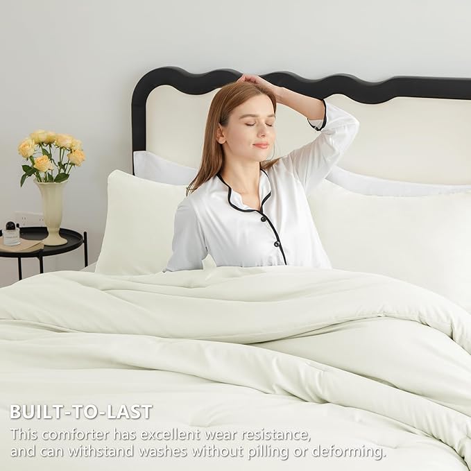 CozyLux Queen Comforter Set Ivory, 3 Pieces Solid Comforters Queen Size - Image 3