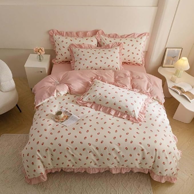 Nayoroom Ruffle Duvet Cover Full Size Pink Strawberry Printed on White Ruffled - Image 5