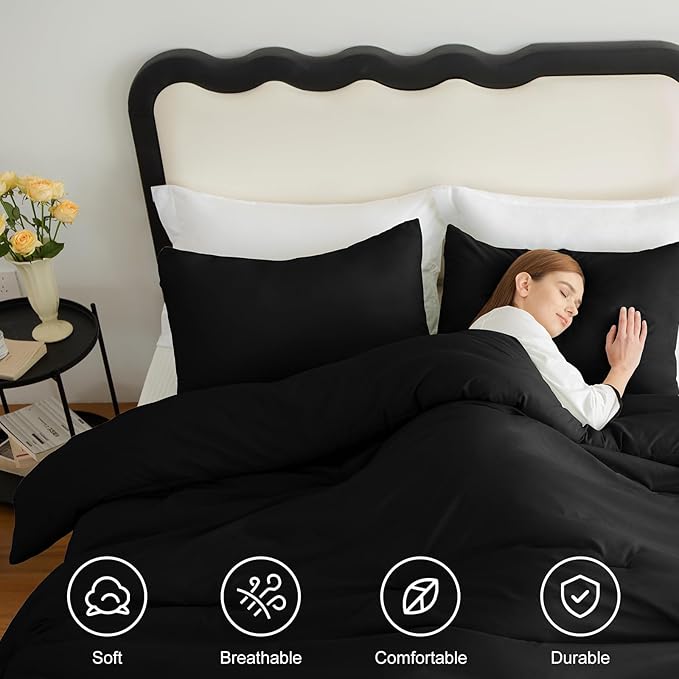 CozyLux Super King Plus Comforter Set Black, 3 Pieces 128x120 Solid Breathable - Image 5