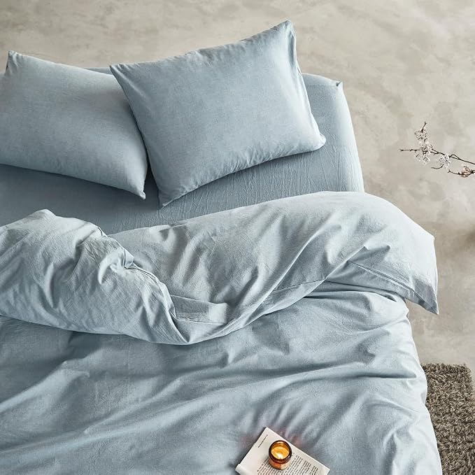Wake In Cloud - Cotton Duvet Cover Set, Full Size, Light Denim Blue, 100% - Image 4
