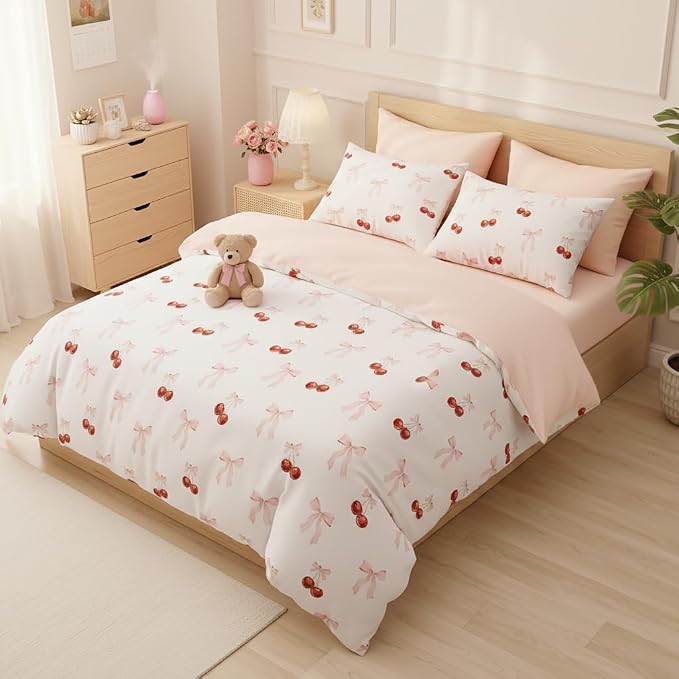 Nayoroom Pink Bow Duvet Cover Full Size Reversible Red Cherry Duvet Cover 3 - Image 3